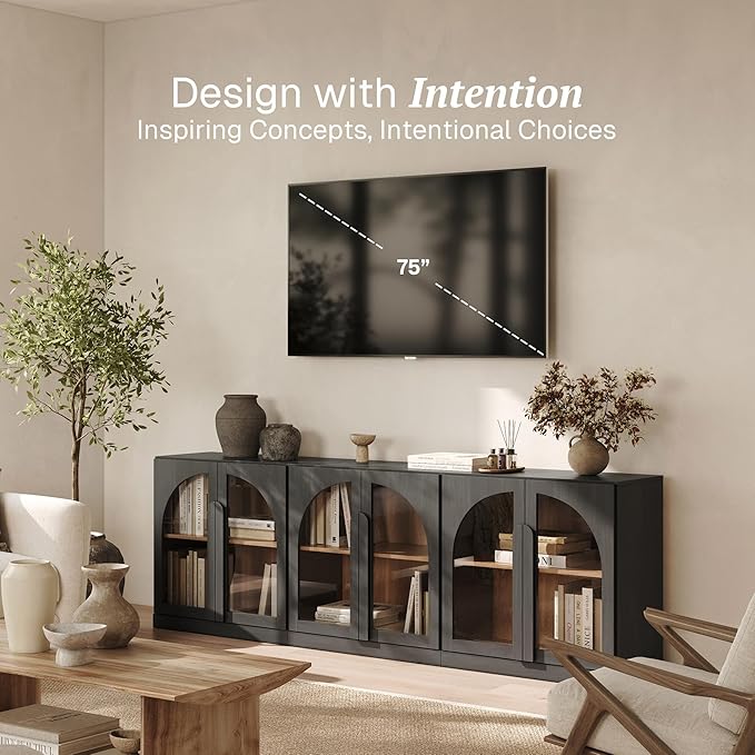 BELLEZE Bijou Set of 3 Modular Sideboard Cabinets (94.5" Extra Long) - 6-Door Media Console TV Stand for 85+ Inch TV - Modern Arched Glass Buffet Credenza for Large Dining Room & Living Area- Ebony