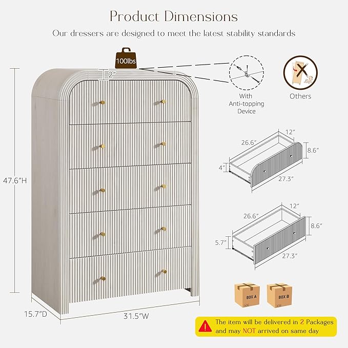 T4TREAM Fluted Dresser with 5 Drawers, 48" Tall Modern Chest of Drawers with Thickened Curved Profile Design, Wood Closet Clothes Storage Organizer for Bedroom, Living Room, Hallway, Alder White
