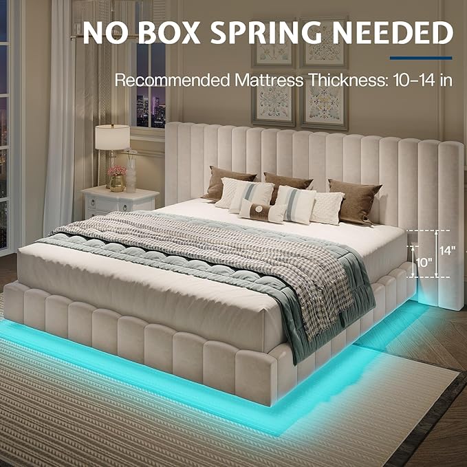 Jocisland King Size Bed Frame with 100" Wide Upholstered Headboard, Modern Velvet Floating Platform with LED Lights Underneath, No Box Spring Needed, Cream