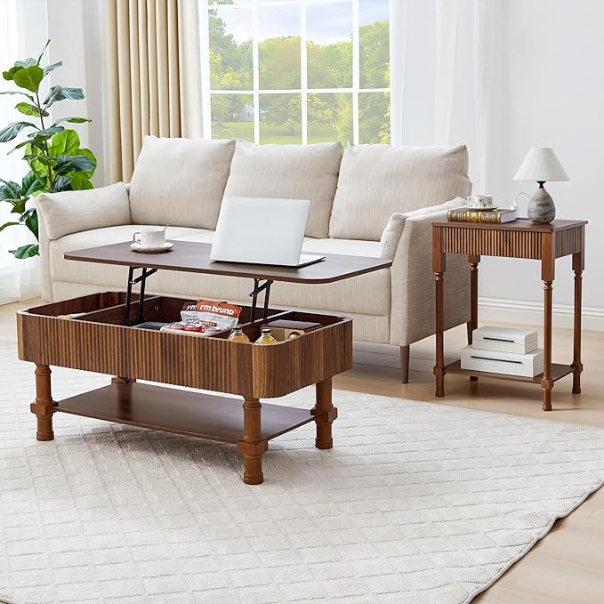 XUZENEST Fluted Nightstand with Charging Station, 23.6” Large Bed Side Table End Table with Drawer, Modern Mid Century Solid Wood Legs Night Stands Bedside for Bedroom Living Room Sofa Office, Walnut