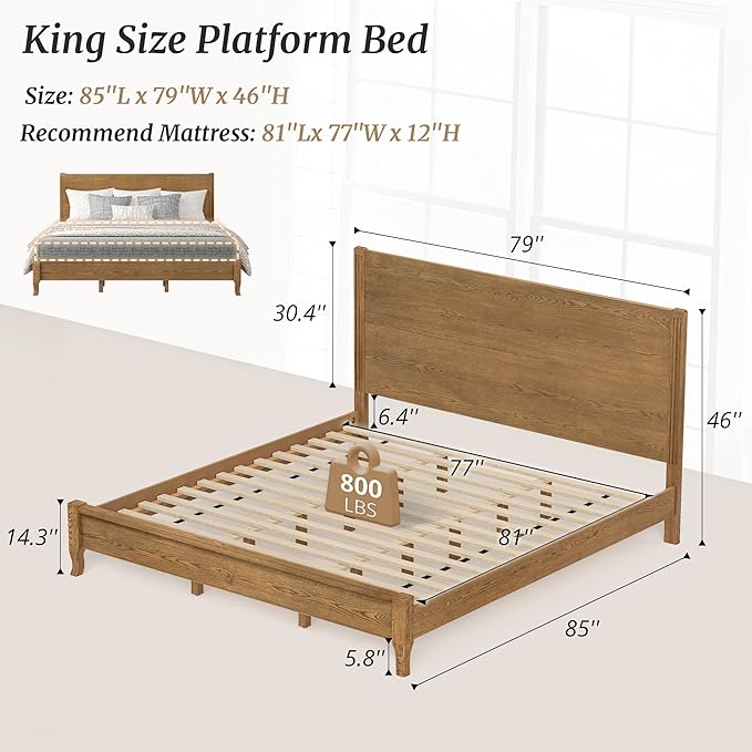 Cozyman King Bed Frame and Headboard with Curved Legs, 800lb Heavy Duty Support, Noise-Free, No Box Spring Needed, Solid Acacia Wood, Dark Wood - Curved Legs