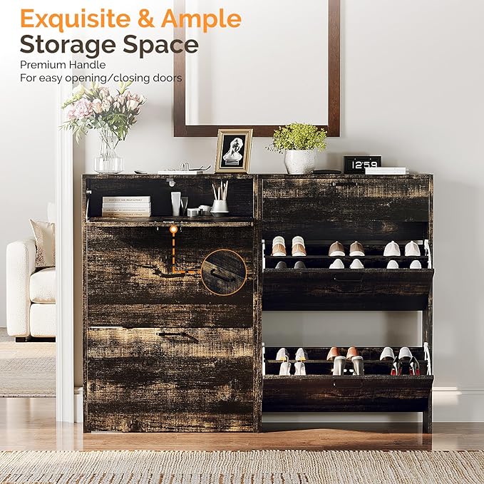 VINGLI Set of 2 Dark Rustic Oak Shoe Cabinet for Entryway, 2-Pack Ultra Slim Shoe Organizer with 2 Flip & 1 Drop-Down Drawers, 24.8" W Narrow Shoe Cabinet for Front Door, Modern Dark Wood Shoes Rack