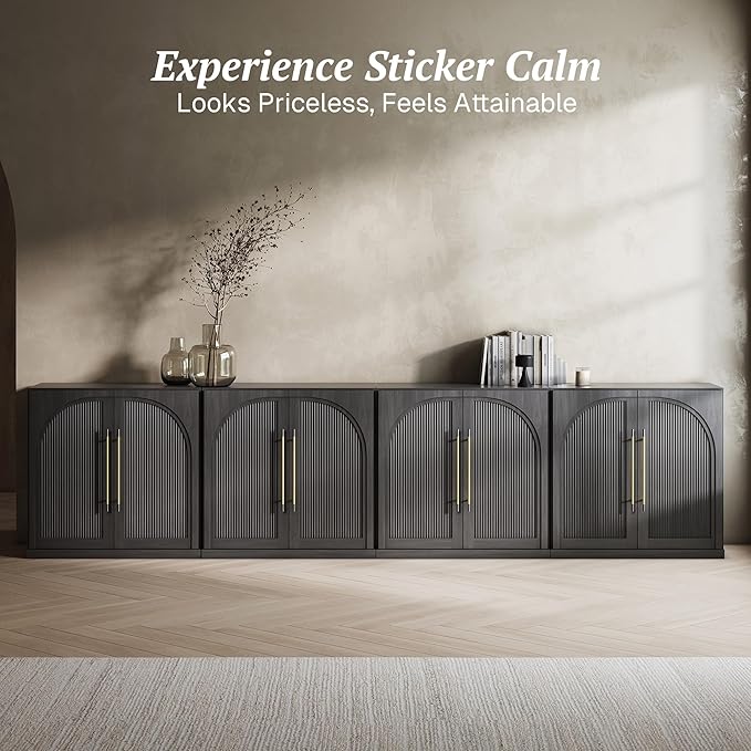 BELLEZE Set of 4 Modular Sideboard with Double-Arc Wood Doors, 130'' Arched Buffet Cabinet with Storage and Adjustable Shelves, Classic Modern Credenza for Dining Room Living Room Entryway (Ebony)