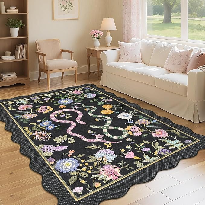 Garvee 10x13 Area Rugs for Living Room Non Slip Botanical Snake Rugs for Bedroom, Boho Scalloped Indoor Stain-Resistant Dining Room Rug for Under Table Carpet for Home Office Playroom Farmhouse,Black