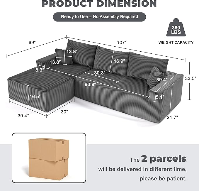 Weture 107" Modular Sectional Sofa, L-Shaped Boneless Couch with Deep Seat, Cozy Cloud Couch Sectional with Convertible Ottoman, Modern Sectional Couches for Living Room, No Assembly, Darkgray