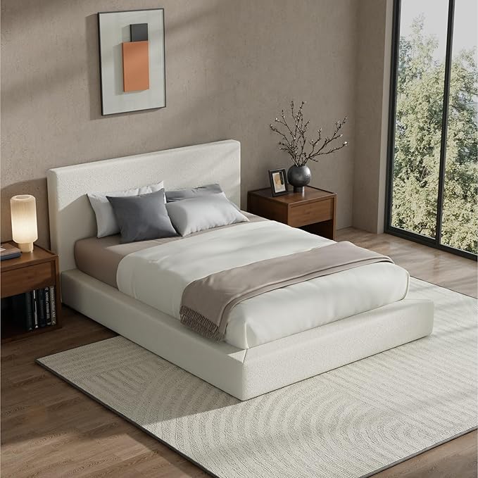 RECCI AirFrame Full Size Bed Frame with Headboard, Cloud Upholstered Platform Bed Frame, 5 Inch Foam Cushioned, No Box Spring, Easy Assembly(Cream Boucle)