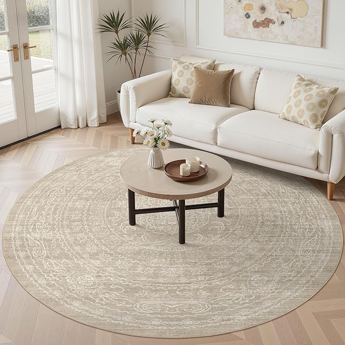 8ft Round Rug Living Room: Washable Large Vintage Rug Neutral Non-Slip Soft Stain Resistant Indoor Carpet for Bedroom Nursery Dining Room Under Table Bed Home House Office Playroom - Brown