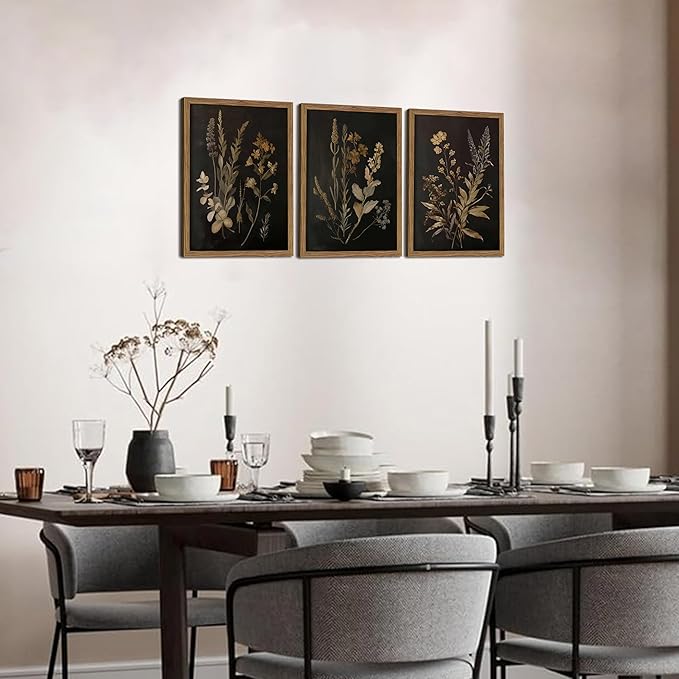 Framed Dark Botanical Wall Art Set of 3, Black Moody Floral Wall Decor Paintings, Dark Academia Decor, Vintage Flower Artwork Prints Pictures for Living Room Bedroom Bathroom 16x24 Inch