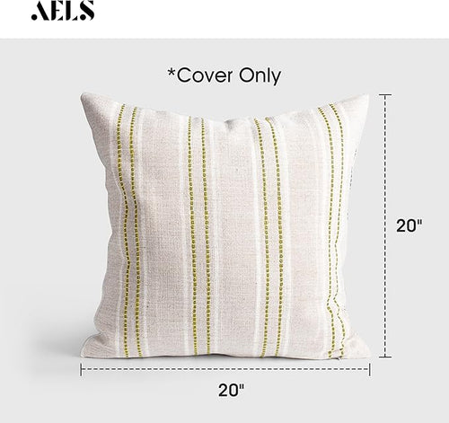 AELS 20x20 Decorative Farmhouse Linen Throw Pillow Covers, Boho Textured Pillow Case, Set of 2, Beige with White & Green Stitch Yarn Dyed Stripe Cushion Cover for Sofa Couch Living Room (Cover ONLY)