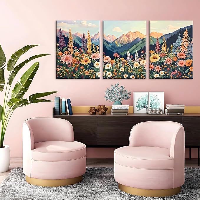 Framed Mountain Daisy Wildflower Landscape Wall Art, Boho Floral Wall Decor, Colorful Daisy Flower Canvas Paintings, Vintage Nature Botanical Poster Prints for Living Room Bedroom 16x24in