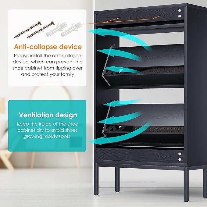 Yechen Shoe Rack Storage Organizer with 2 Natural Semi-Circular Rattan Doors, Entryway Wooden Shoe Cabinet for Sneakers, Leather Shoes, Heels, Slippers (Black)