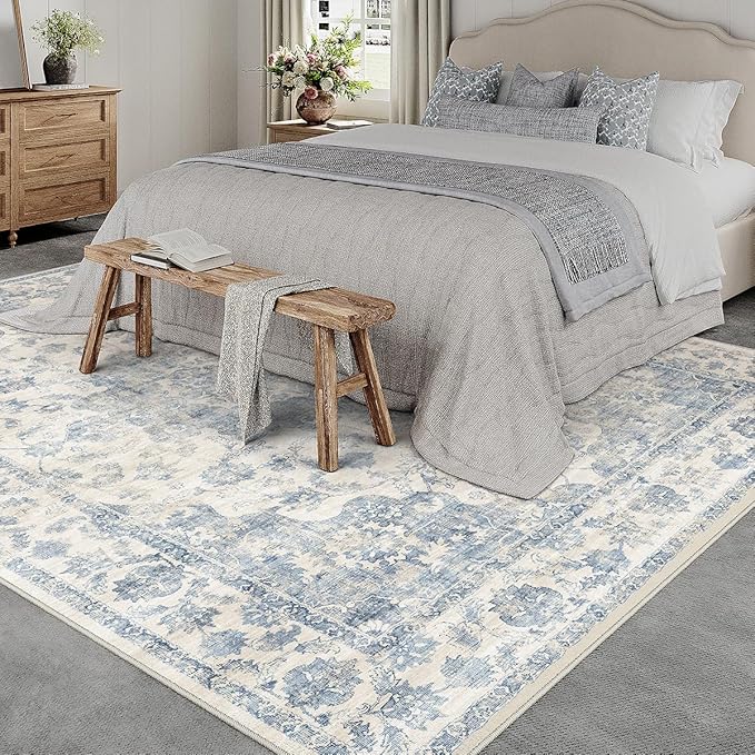 12x15 Neutral Area Rug Blue Vintage Living Room Bedroom Washable Carpet Non-Slip Soft Low Pile Farmhouse Indoor Extra Large Throw Rug for Dining Room Office