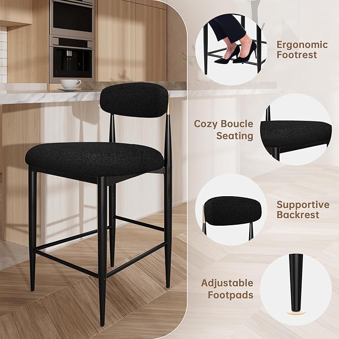 Morden Fort Modern Counter Height Bar Stools Set of 4, Black Upholstered Counter Stools with Gold Accent, 26" Boucle Island Chairs for Kitchen and Home Bar