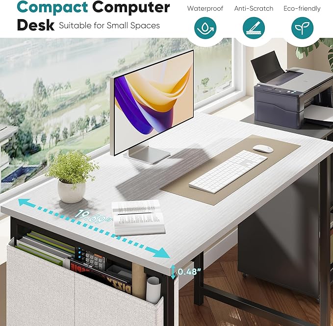 OLIXIS Computer Desk 40 Inch Home Office Desks for Small Spaces, Gaming Writing Study Work Table with Storage Bag and Headphone Hook for Bedroom, White
