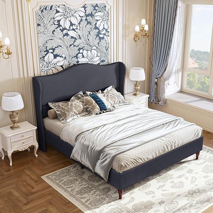koorlian Queen Size Bed Frame Upholstered Platform Bed with 51'' Tall Fabric Headboard and Wooden Slats Support, Retro Minimalist Style/Fully Upholstered/Easy Assembly, Dark Navy