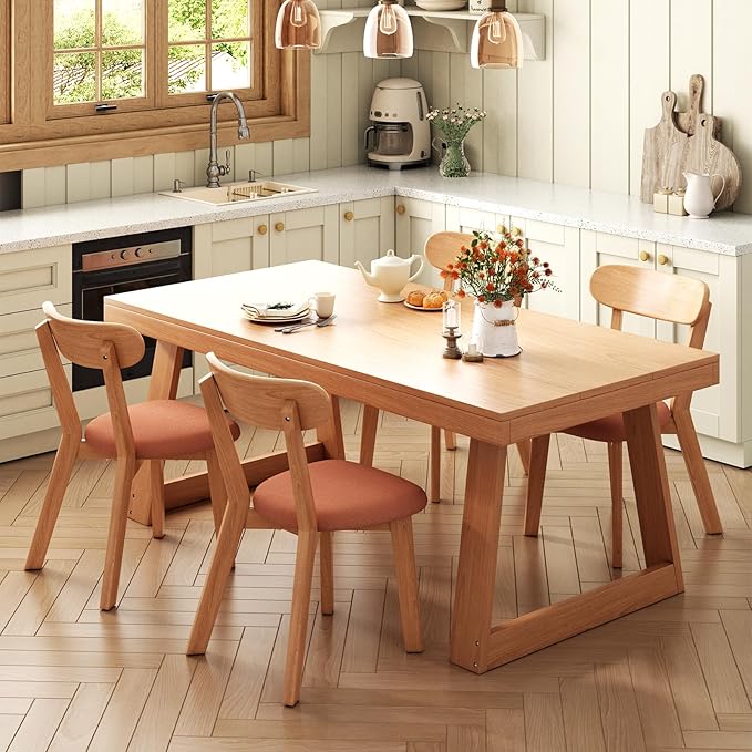 Dining Chairs Set of 4 Mid-Century Modern Oak Upholstered Scandinavian Solid Wood Kitchen & Dining Room Chairs with Curved Backrest Sillas de Comedor for Dining Table(Original/Orange)