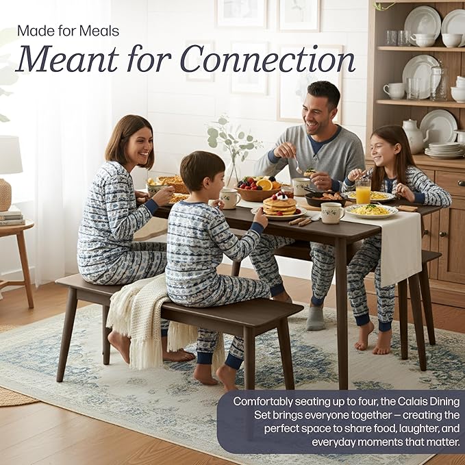 Alaterre Furniture Calais Dining – 3 Piece Dining Table Set for 4 with Benches – Mid Century Modern 59-Inch Solid Wood Kitchen & Dining Room Table with Two 46-Inch Bench (Pecan Finish)