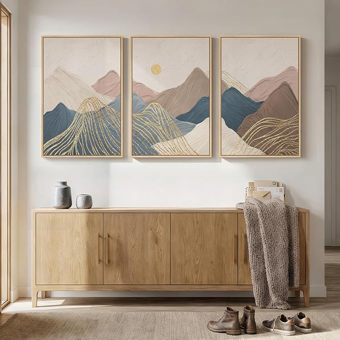 Framed Neutral Abstract Mountain Wall Art for Living Room, 3 Piece Large Landscape Print Canvas Artwork for Walls, Boho Modern Minimalist Paintings for Bedroom Dining Room Office Wall Decor, 24x36 In