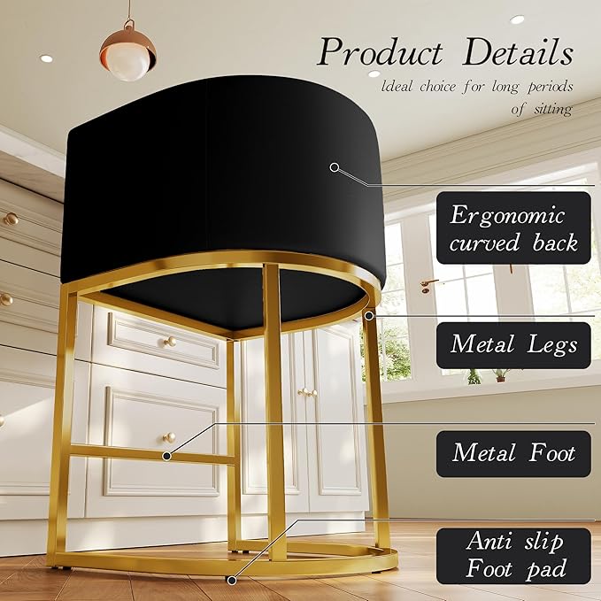 24" Modern Counter Height Bar Stools,PU Leather Upholstered Barrel Barstools with Backs,Island Chairs Bar Stools Set of 1,Metal Gold Frames Ink Black Leather