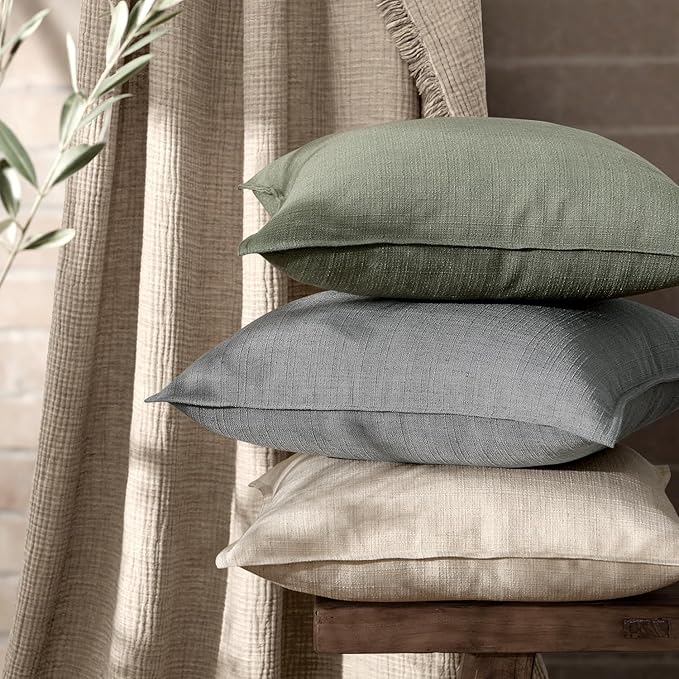 MIULEE Pack of 2 Thick Textured Couch Throw Pillow Covers, Olive Green Decorative Pillow Covers 20x20, Neutral Linen Cushion Cases for Sofa Bed Living Room Modern Farmhouse Home Decor, No Filling