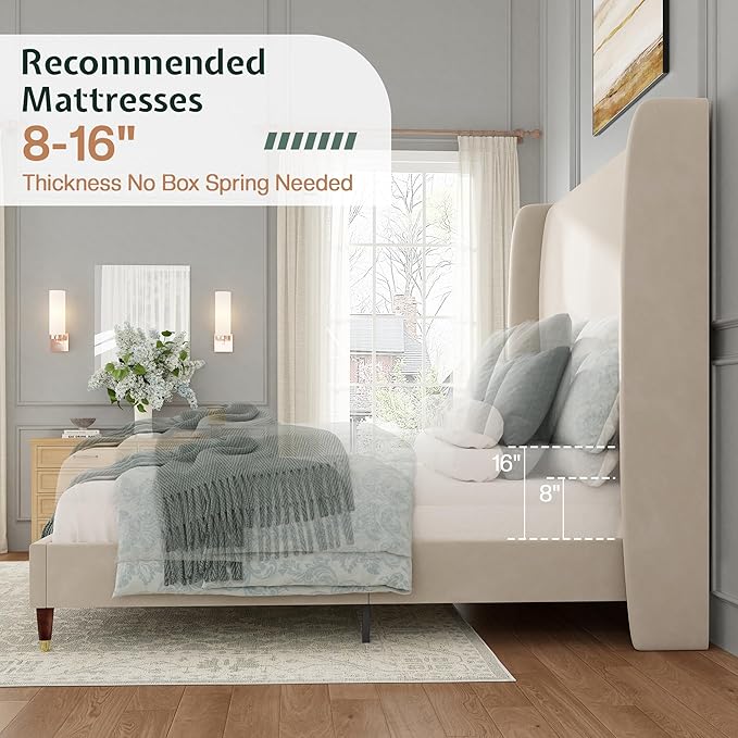 Jocisland Full Size Bed Frame 51.2" Wingback Headboard Velvet Upholstered Platform Bed with Solid Wood Legs & Wooden Slats, No Box Spring Needed, Modern Minimalist Style, Easy Assembly, Off-White