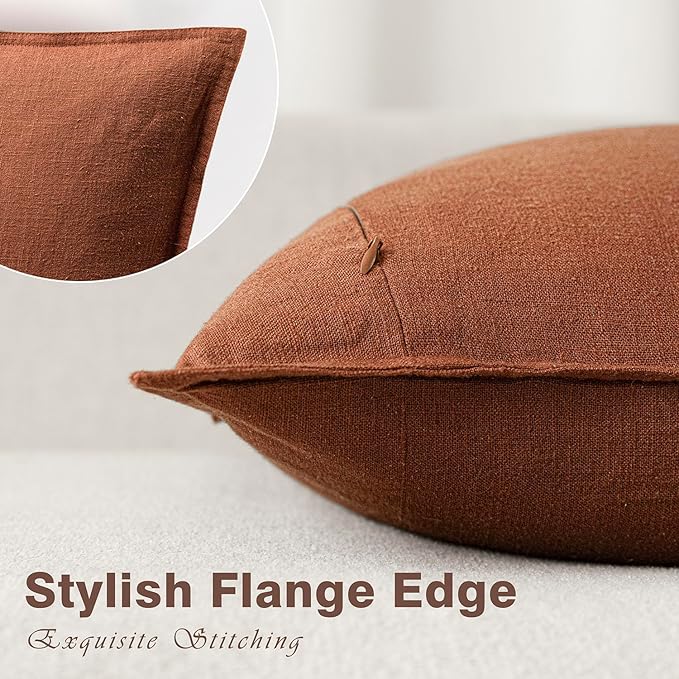 Foindtower Pack of 2, Decorative Linen Soild Throw Pillow Covers Soft Accent Cushion Case Farmhouse Neutral Pillowcase for Chair Couch Sofa Bedroom Living Room Home Decor 24 x 24 Inch Fall Rust Orange