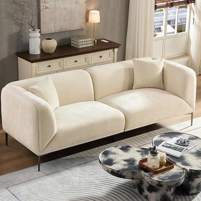 82.7" Modern Couch Upholstered Boucle Sofa Beige, 3 Seater Minimalist Curved Sofas with Metal Legs, Cozy Luxury Deep Seat Memory Foam Couches for Living Room Bedroom Home Office Apartment
