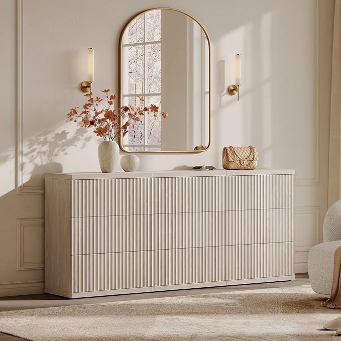 SICOTAS Modern Sideboard Buffet Cabinet, Fluted Credenza Storage Cabinet with 3 Larger Drawers, Mid Century Media Console Coffee Bar Table for Dining Room Hallway Kitchen, White Alder