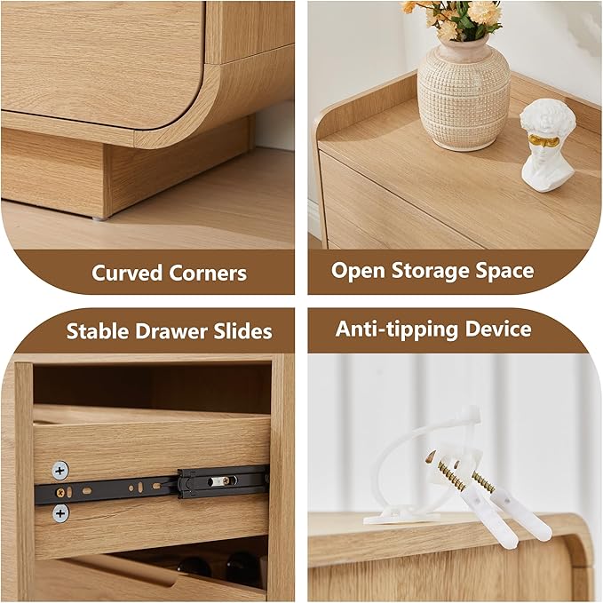 Curved 6 Drawer Dresser for Bedroom, Modern 53-Inch Chest of Drawers, Wood Storage Dresser Organizers with Hidden Handles, 6 Drawer Dressers for Bedroom, Nursery, Living Room, Natural