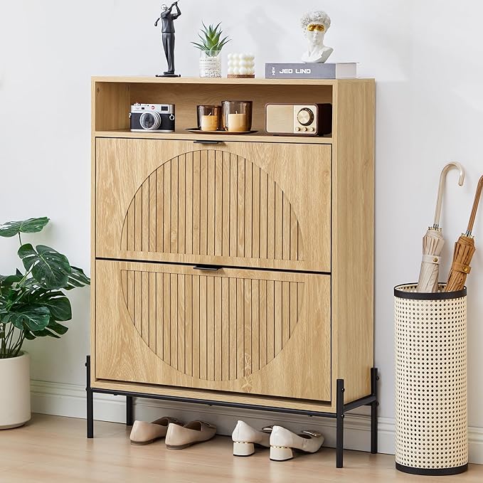 FurSch Fluted Shoe Cabinet with 2 Flip Drawers, Slim Freestanding Hidden Shoe Cabinet Organizer, Narrow Shoes Storage Rack for Entryway (All Natural-2 Drawers, 9.45" D x 31.5" W x 41.93" H)