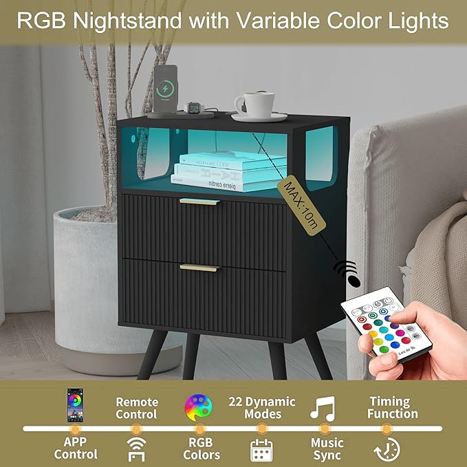 JOONEE Black Nightstand with Charging Station and LED Lights,Modern Bedside Table with 2 Storage Drawer and Open Wood Shelf, for Bedroom and Small Spaces,Night Stand with Solid Wood Legs,Black