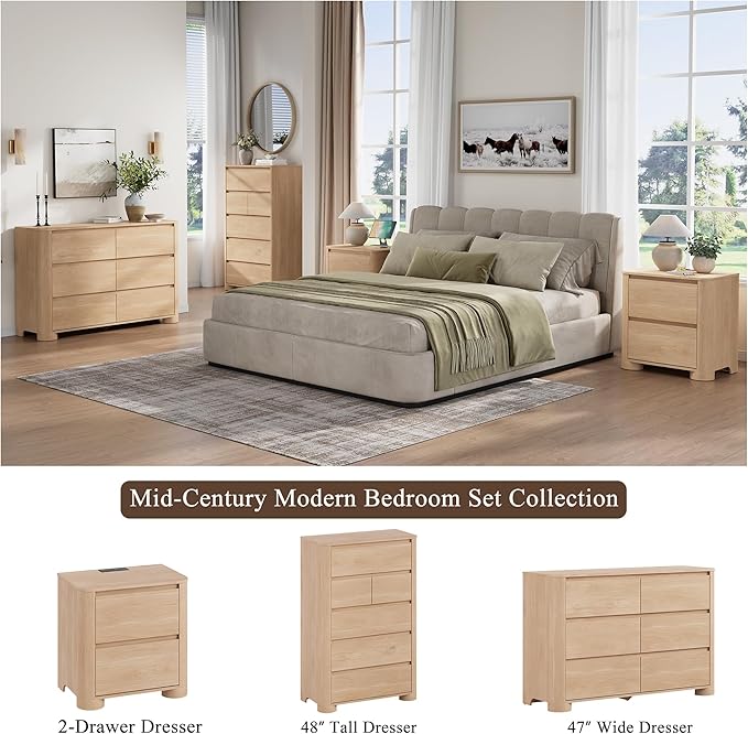 Nightstand with Charging Station, 23.6" Modern Night Stand with Unique Thickened Foot and 2 Storage Drawers, Bedside Table with Rounded Corner Design for Bedroom, Natural Oak