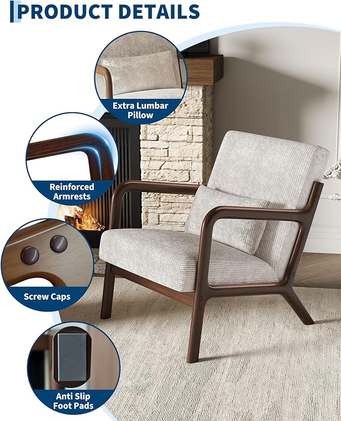Garvee Mid-Century Modern Accent Chair, Wide-Wale Corduroy Upholstery, Solid Wood Armchair with Removable Lumbar Pillow, Sturdy Reading Chair for Living Room, Bedroom, Guest Room, Easy Assembly, Beige
