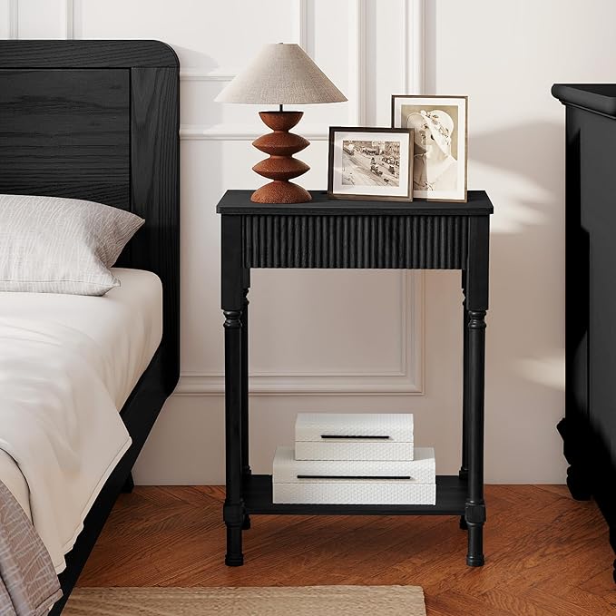 Night Stand Set of 2,Fluted Nightstand with Charging Station, 23.6” Large Bed Side Table End Table with Drawer, Modern Mid Century Wooden Night Stands Bedside for Bedroom Living Room Sofa Office,Black