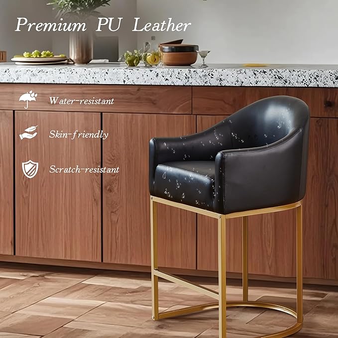 Counter Height Bar Stools Set of 2,Modern Counter Height Bar Stools,PU Leather Upholstered Barrel Barstools with Backs,26'' Kitchen Island Chairs,Metal Gold Frames,Ink Black Leather