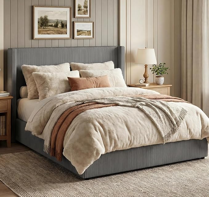 IDEALHOUSE King Size Upholstered Platform Bed Frame with Storage Drawers, Corduroy Wingback with Tufted Headboard and Footboard, No Box Spring Needed, Grey | Storage Drawers