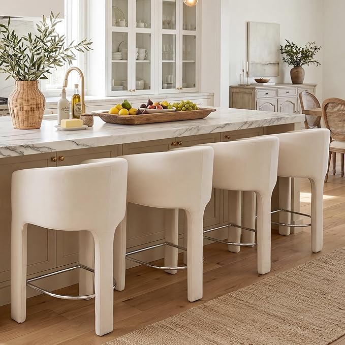 HNY Modern Counter Height Bar Stools Set of 4, 26”H Barrel Counter Stools for Kitchen Counter, Upholstered Barstools with Back and Armrest, Velvet Bar Stools for Kitchen Island, Home Bar, Cream