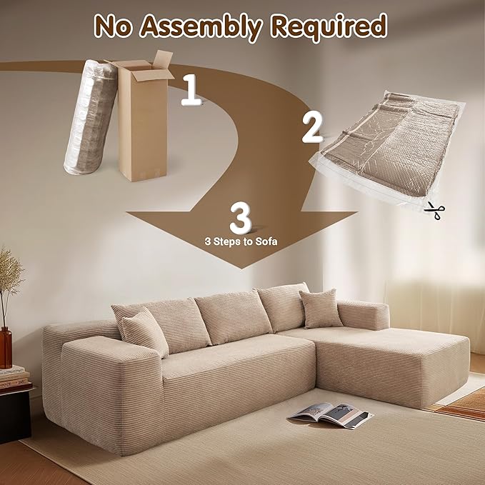 ovios 104" Cloud Boneless Couch with L-Shape Chaise,Modern Sectional Modular Sofa with Deep Seat, Upholstered Couches for Living Room Bedroom,No Assembly Required, Camel (Corduroy Fabric)