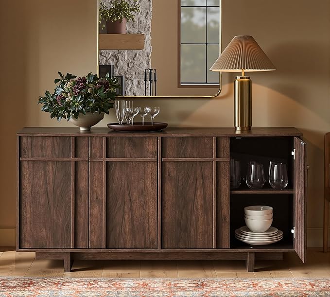 Sideboard Buffet Cabinet with Storage, Mid Century Modern Accent Cabinet with Skeleton Line & Wood Grain Texture, 63" Minimalist Credenza for Living Room Kitchen Dining Room Entryway, Walnut