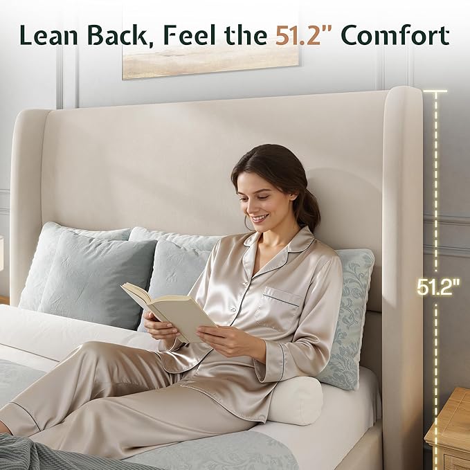 Jocisland Full Size Bed Frame 51.2" Wingback Headboard Velvet Upholstered Platform Bed with Solid Wood Legs & Wooden Slats, No Box Spring Needed, Modern Minimalist Style, Easy Assembly, Off-White