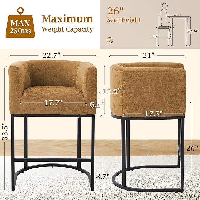 ClinQ 26" H Counter Height Bar Stools Set of 1, Modern Barrel Counter Stools with Backrest and Arms, Black Metal Frames, Chenille Fabric Upholstered Accent Barstools for Kitchen Island, Yellow
