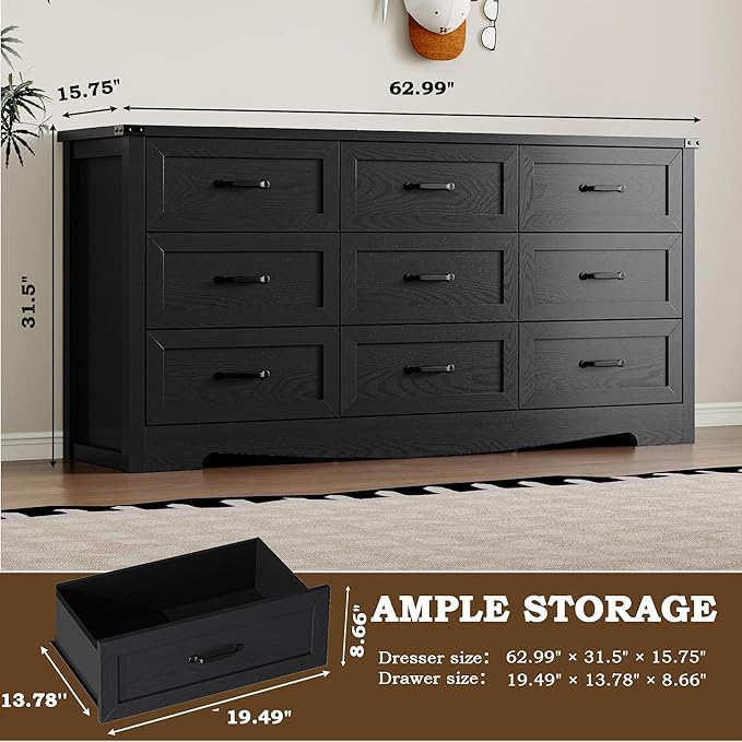 BORNOON 9-Drawer Dresser for Bedroom, Modern Wooden Chest of Drawers with Metal Handles, Anti-Tipping Design, Sturdy and Stable Storage Organizer for Living Room, Entryway, Home Office