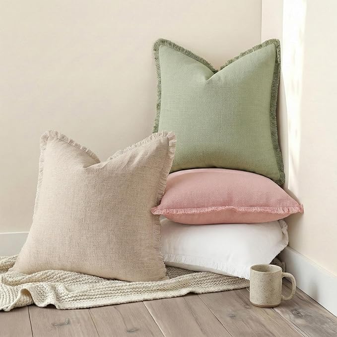 decorUhome Summer Decorative Neutral Linen Fringe Throw Pillow Covers Set of 2 Sage Green Pillow Covers with Tassels Soft Farmhouse Boho Accent Pillow Cases for Couch Bed Sofa 18x18 Inch