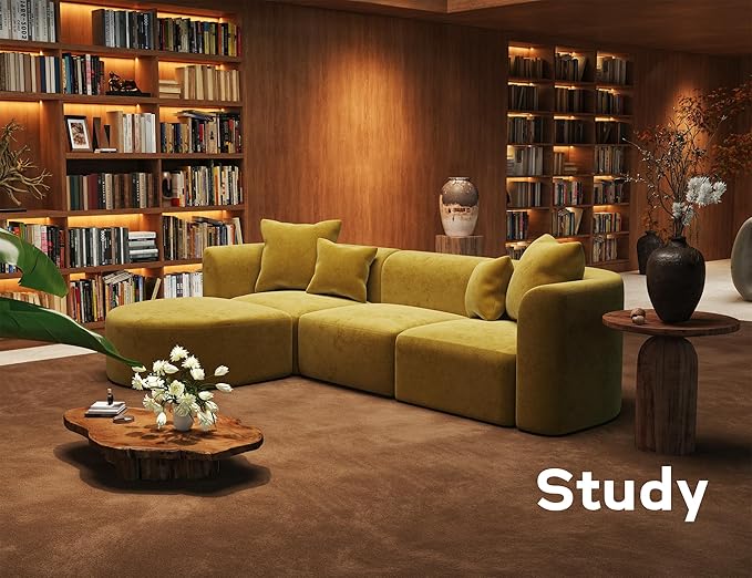 116" Modular Sectional Couches with Ottoman, Luxury Modern Curved Back Sofa, Minimalist Style Oversized 4 Seat Deep Comfy Convertible L Shape Boneless Couch for Living Room Studio Apartment, Yellow