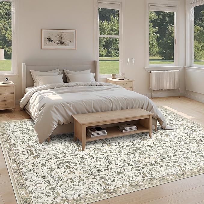6×9 Washable Large Area Rugs for Living Room, Floral Soft Rug Non Slip Stain Resistant Carpet for Bedroom Dining Room Kitchen Farmhouse Home Decor，Beige Multi 061