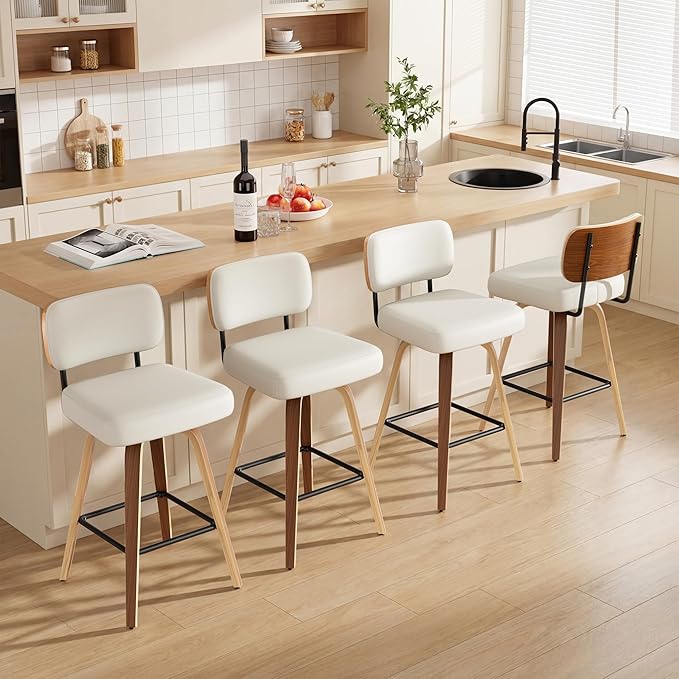 Swivel Bar Stools Set of 4, 26" Faux Leather Upholstered Counter Height Barstools with Back & Bentwood Legs, Mid Century Modern Bar Chairs Island Stools for Kitchen Counter, Cream White