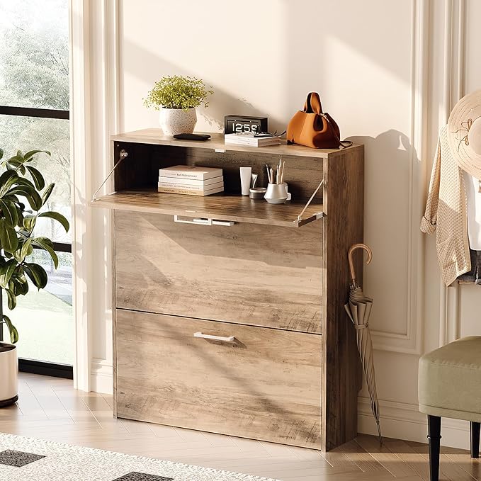 VINGLI Grey Shoe Cabinet for Entryway, Slim Shoe Rack Storage with 3 Flip Drawers, Rustic Washed Grey Wood Finish, Narrow Hidden Shoe Organizer for Hallway, 9.5" Depth, Greige