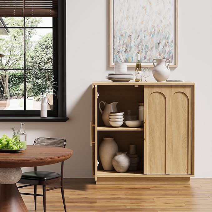 FORTUNETEC Sideboard Buffet Cabinet with Storage Set of 3, Mid Century Modern Accent Cabinet with Arched Doors, Modular Media Console, Credenza for Living Room Kitchen Dining Room Entryway, Oak