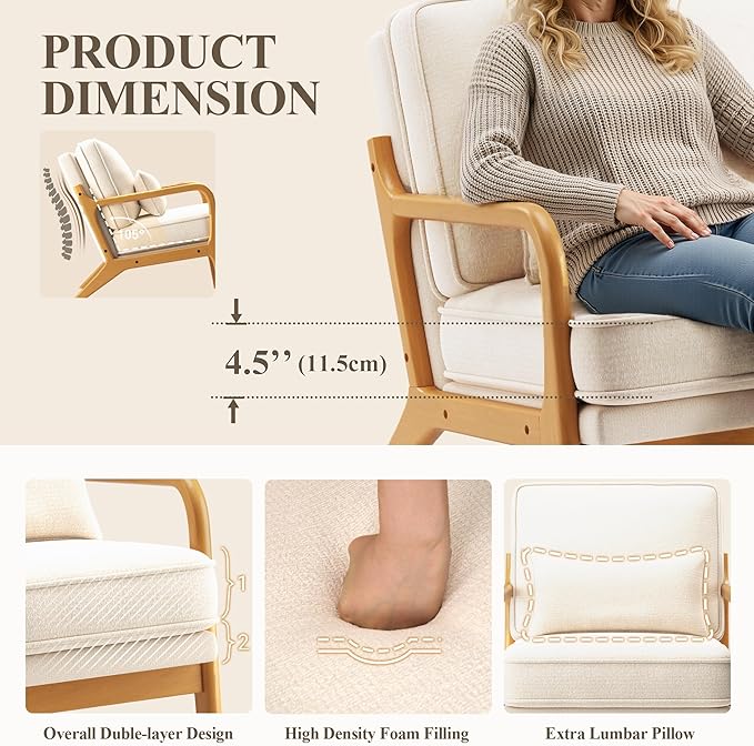 MALOL Mid-Century Accent Chair Set of 2 with Solid Wood Frame, Reading Relaxing Armchair Lumbar Pillow& Soft Cushion, Leisure Chair for Living Room, Bedroom, Waiting Room-Beige