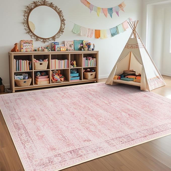 Pink Rug 8x10 for Living Room, Aesthetic Distressed Area Rugs for Bedroom Girls Playroom, Washable Non Slip Nursery Rug Stain Resistant, Low Pile Thin Carpet Rug for Dining Room Home Office